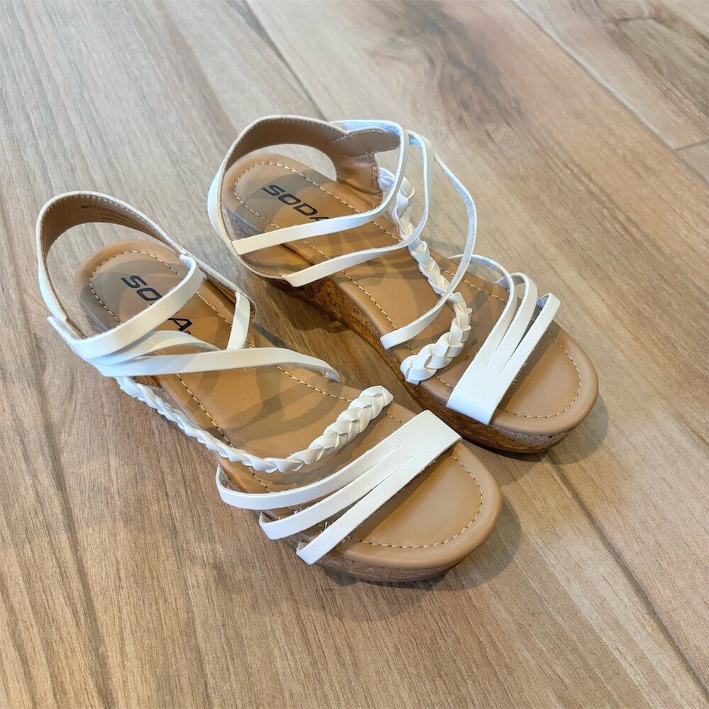 Soda Girls Sandals Youth Size 4 White Strappy Braided Cork Wedge